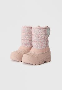 Růžové zimní boty s květinovým vzorem na svršku, polstrovaným designem, gumovými podrážkami a poutky pro snadné obutí.