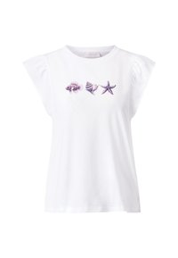 Camiseta blanca de manga corta con estampados de criaturas marinas moradas: un pez, una concha y una estrella de mar. Tela de algodón suave, corte relajado.