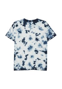 T-Shirt mit Batik-Muster in Marineblau und Weiß, mit kreisförmigem Design, aus weichem Baumwollstoff, Rundhalsausschnitt und kurzen Ärmeln. Rückansicht dargestellt.
