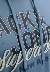 Nahaufnahme eines hellblauen Kapuzenpullovers mit dunkelblauem und weißem fettem Text sowie zwei Kordeln, die vorne herunterhängen.