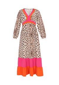 Maxi šaty s leopardím potiskem, dlouhé rukávy, výstřih do V, růžové a oranžové barevné bloky a volánkový okraj.