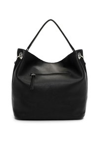 Musta nahkainen hobo-laukku, jossa on teksturoitu pinta, yhden olkahihnan ja etutaskun vetoketjulla. Hopeanväriset metalliosat.