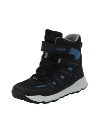 Sneaker alta nera con dettagli in rete, accenti blu e suola bianca. Presenta una fascetta regolabile e lacci elastici per una vestibilità sicura.