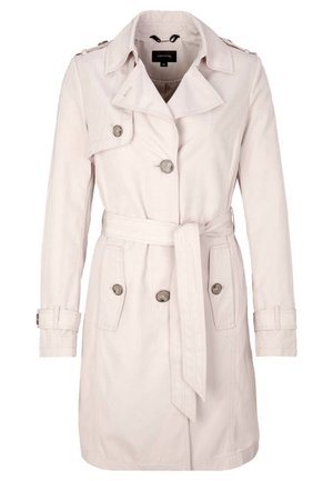Lysebeige trenchcoat med dobbeltradede knapper, bælte i taljen, skulderremme og manchetremme, egnet til kvinder.