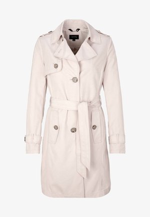 Gabardina color beige claro con botones cruzados, cintura con cinturón, hombreras y correas en los puños, adecuada para mujeres.