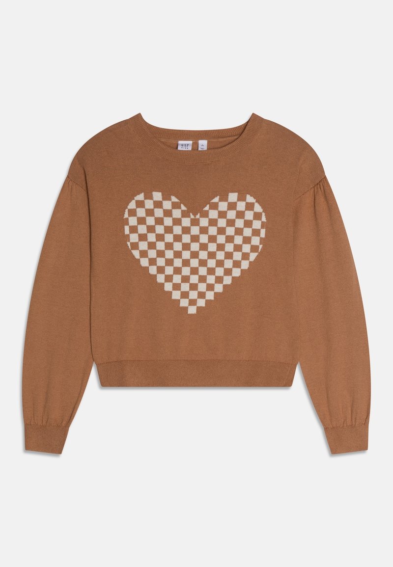 Pull marron à manches longues avec un motif en forme de cœur à carreaux beige et blanc centré sur le devant, présentant un col rond et des poignets côtelés.
