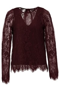 Bourgogne blonde top med lange ærmer, der har en V-udskæring, blomsterdesign og en bølget kant. Detaljeret blonde-textur hele vejen igennem.