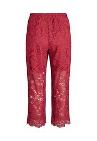 Pantalons en dentelle rouge avec un motif floral, longueur cheville avec un ourlet festonné et une taille élastique pour le confort. Design semi-transparent.