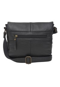 Schwarze Leder-Crossbody-Tasche mit Klappdeckel, Reißverschlusstasche, strukturiertem Oberflächenmaterial, verstellbarem Riemen und antiken Messingakzenten.