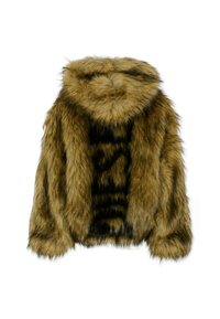 Kurtka z sztucznego futra z kapturem, charakteryzująca się brązowym i czarnym paskowanym wzorem, teksturowaną powierzchnią oraz prostokątnym, skróconym krojem.