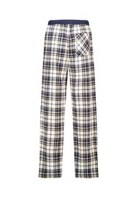Geruite pyjamabroek in crèmekleurig, marineblauw en bruin. Elastische tailleband, volle lengte, met een achterzak. Zachte stofstructuur.