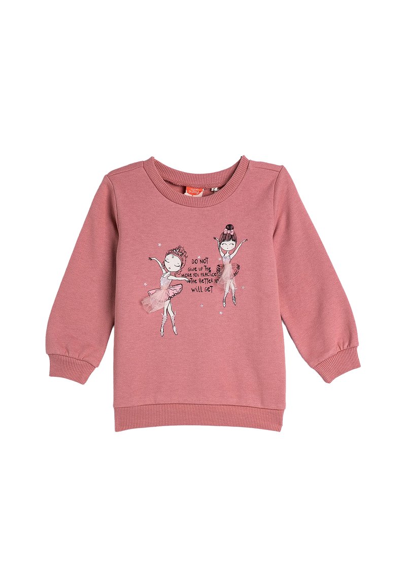 Sudadera de algodón rosa con mangas largas, que presenta un gráfico de dos bailarinas de ballet y el texto "NO TE RINDAS, CUANTO MÁS PRACTIQUES, MEJOR SER�ÁS."