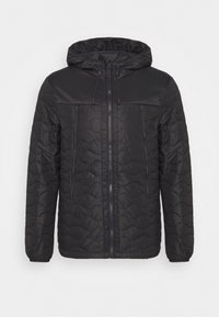 Giacca puffer nera con cappuccio, texture trapuntata sul corpo, pannelli superiori lisci, due tasche frontali con cerniera e regolatori con cordino.