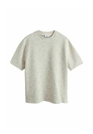 Short-sleeve beige textured knit sweater with a crew neck and relaxed fit.