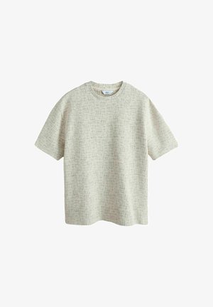 Short-sleeve beige textured knit sweater with a crew neck and relaxed fit.