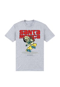 Šedé bavlněné tričko s barevným grafickým motivem astronauta se skull, který jezdí na žlutém prkně, s výrazně zobrazeným textem "SANTA MONICA".