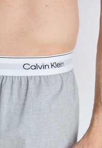 Graue Baumwoll-Boxershorts mit elastischem Bund, die ein weiß-graues gestreiftes Design und ein schwarzes "Calvin Klein"-Logo aufweisen.