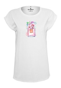 Weißes T-Shirt mit einem bunten, floralem Parfümflaschen-Design. Weicher Stoff, kurze Ärmel, lässige Passform und runder Ausschnitt.