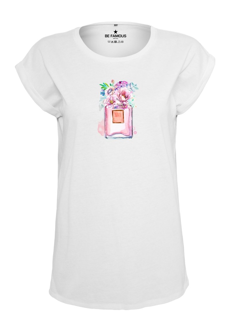 Weißes T-Shirt mit einem bunten, floralem Parfümflaschen-Design. Weicher Stoff, kurze Ärmel, lässige Passform und runder Ausschnitt.