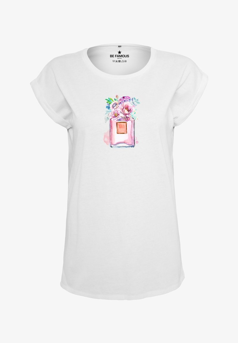 Weißes T-Shirt mit einem bunten, floralem Parfümflaschen-Design. Weicher Stoff, kurze Ärmel, lässige Passform und runder Ausschnitt.