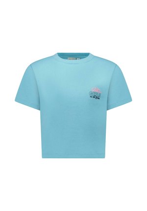 Lichtblauw cropped t-shirt van katoen met een geribbelde structuur, voorzien van een meerkleurig geborduurd "CARS GIRLS" logo op de voorkant.