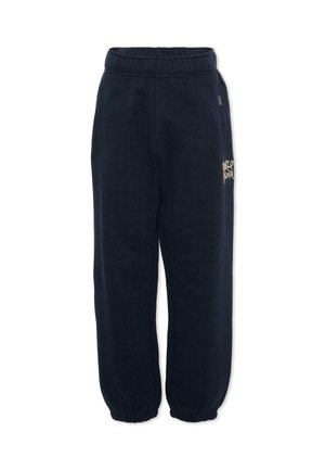 Pantaloni della tuta blu navy con vita e polsini elasticizzati, tasche laterali e piccolo motivo testuale beige sulla parte superiore della coscia.