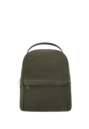 Small dark green suede backpack with black handle and front zip pocket, shown on white background.