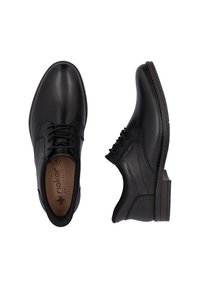 Chaussures habillées en cuir noir avec une finition lisse, un design à lacets et un léger talon. Présentent une semelle intérieure rembourrée et des détails de couture minimalistes.