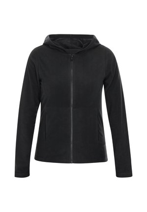 Schwarze Zip-Hoodie aus weichem Stoff, mit einem Frontreißverschluss, zwei seitlichen Taschen und einer gefütterten Kapuze. Einfaches, tailliertes Design.