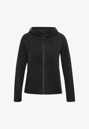 Felpa nera con zip realizzata in tessuto morbido, dotata di una zip frontale, due tasche laterali e cappuccio foderato. Design semplice e aderente.