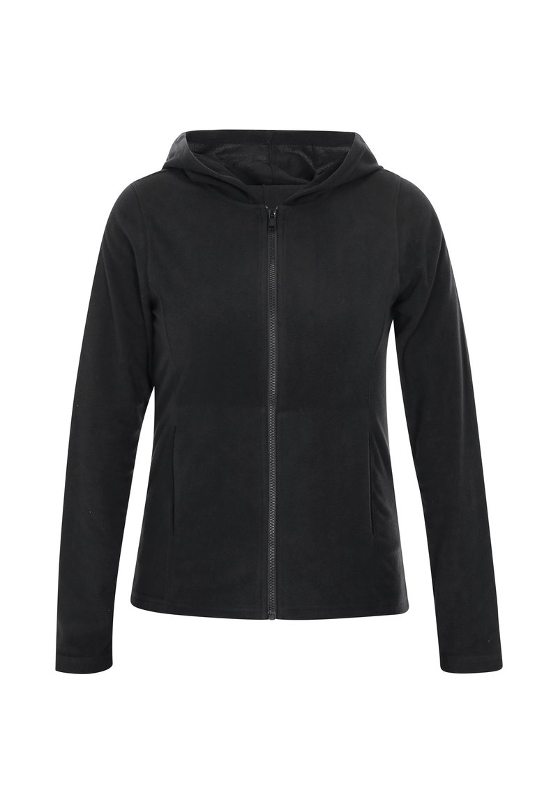 Schwarze Zip-Hoodie aus weichem Stoff, mit einem Frontreißverschluss, zwei seitlichen Taschen und einer gefütterten Kapuze. Einfaches, tailliertes Design.