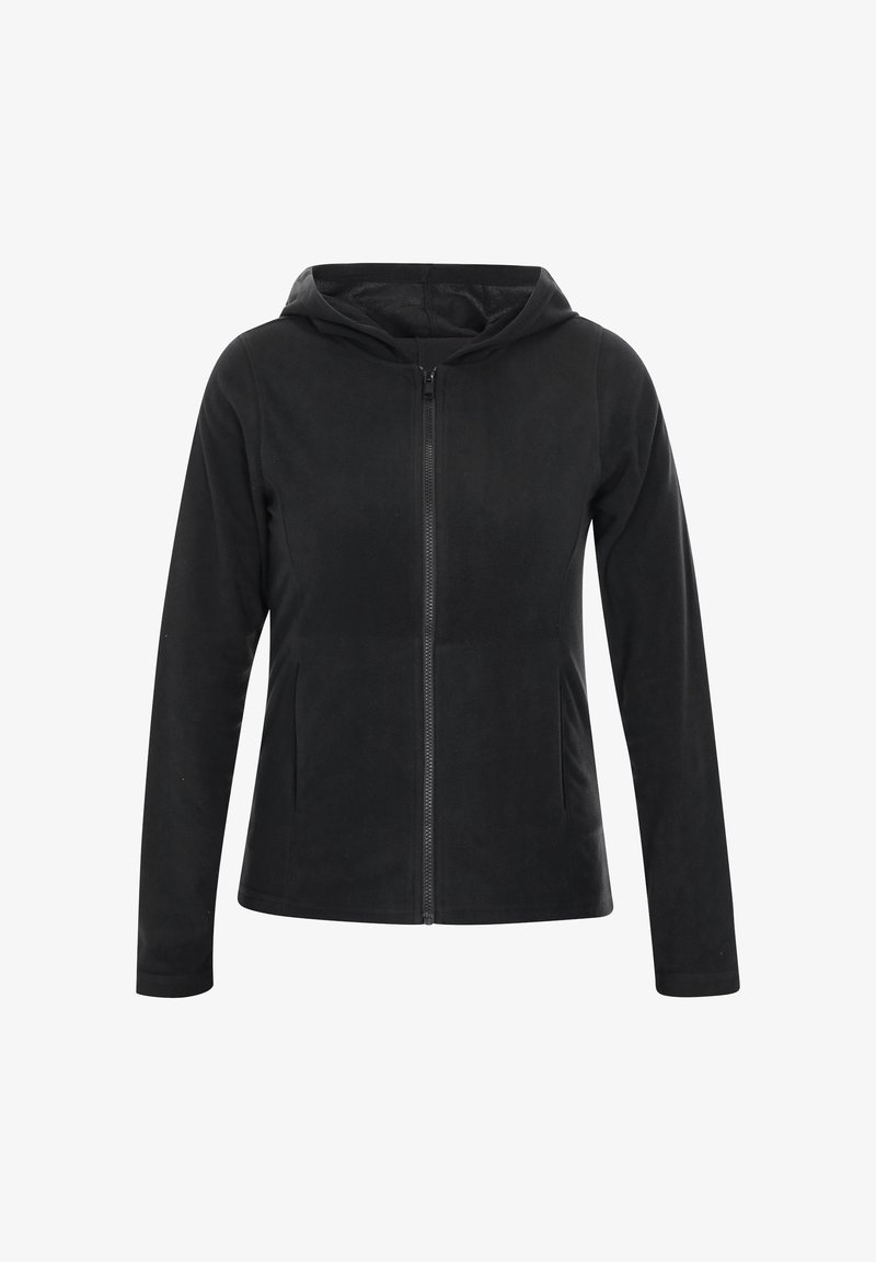 Schwarze Zip-Hoodie aus weichem Stoff, mit einem Frontreißverschluss, zwei seitlichen Taschen und einer gefütterten Kapuze. Einfaches, tailliertes Design.