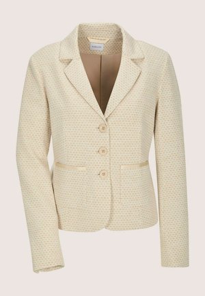 Cremefarbener Blazer mit strukturiertem Muster, Reverskragen und drei Knöpfen. Verfügt über zwei Vordertaschen und ein glattes Futter.