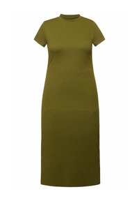 Rippenträgershirt, kurzärmliges, olivgrünes Kleid mit hohem Ausschnitt. Figurbetontes, knielanges Design, das eine strukturierte Oberfläche zeigt.