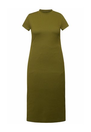 Ribbet, kortærmet, olivengrøn kjole med høj halsudskæring. Figurformende, midtlængde design, som viser en struktureret overflade.