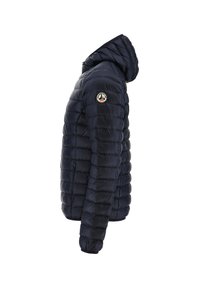 Navy blue quilted puffer jacket with hood, side zipper pocket, and circular logo patch on upper sleeve.