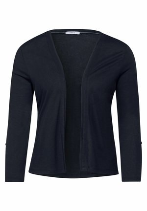 Dunkelblauer leichter Cardigan mit offenem Front, langen Ärmeln und lockerer Passform. Hergestellt aus weichem Stoff mit glatter Textur.