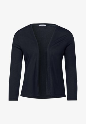 Navy blue lightweight cardigan with open front, long sleeves, and a relaxed fit. Made from soft fabric with a smooth texture.