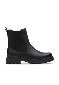 Bottines en cuir noir à panneaux élastiques sur les côtés, avec un bout arrondi et une semelle en caoutchouc texturée. Comprend une languette à l'arrière.