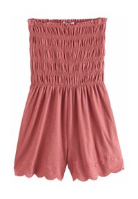 Gestepptes Jumpsuit in gedämpfter Rosenfarbe, mit tailliertem Oberteil, weiten Beinen und einer gewellten Saumkante mit gestickten blumigen Details.