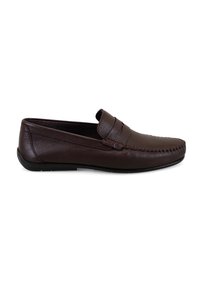 Braune Lederloafer mit gestickten Details an der Spitze, einem flachen Profil und einer glatten Oberfläche. Gummisohle für Grip und Flexibilität.