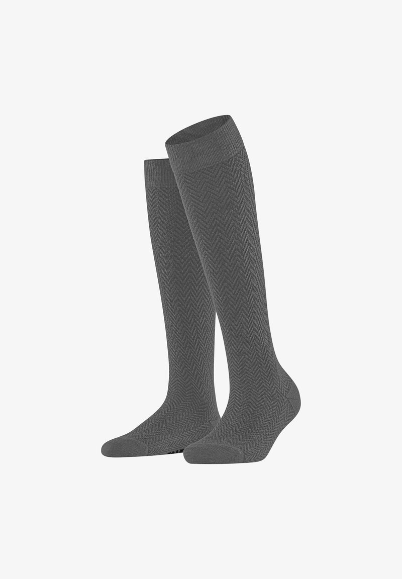 Calze grigie fino al ginocchio con un motivo a spina di pesce, realizzate in materiale morbido, con polsini a coste e una texture liscia.