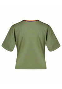 Olive green cropped t-shirt with short sleeves, featuring a round neckline accented with orange and purple stripes. Smooth cotton fabric.