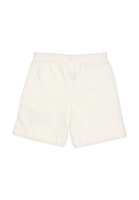 Plain white elastic waistband toddler shorts with a loose fit, displayed flat against a white background.