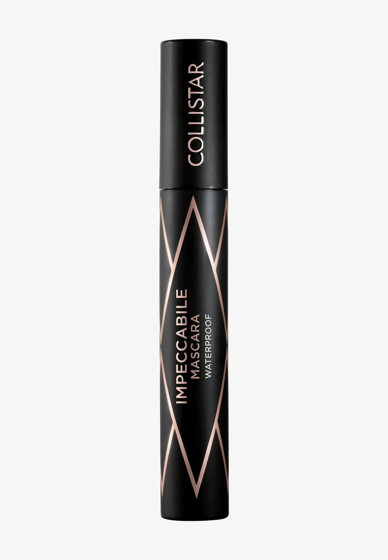 Schwarze Collistar Impeccabile wasserdichte Mascara-Tube mit roségoldenem, geometrischem Design und Markennamen auf weißem Hintergrund.