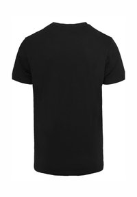 Schwarzes Baumwoll-T-Shirt mit kurzen Ärmeln, runder Ausschnitt und schlichtem Rücken. Keine Muster oder Verzierungen sichtbar.