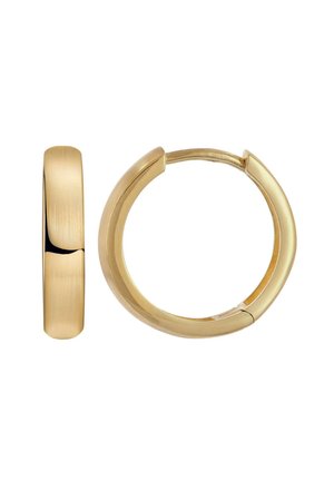 Smooth, polished gold hoop earrings shown front and side views, featuring a hinged clasp closure.