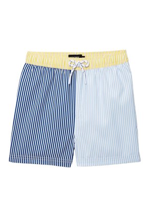Shorts de bain pour homme à rayures verticales, côté gauche bleu foncé, côté droit bleu clair, avec une ceinture jaune et un cordon blanc.