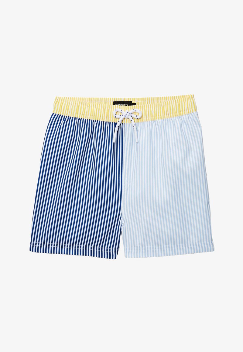 Shorts de bain pour homme à rayures verticales, côté gauche bleu foncé, côté droit bleu clair, avec une ceinture jaune et un cordon blanc.