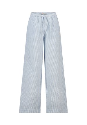 Hellblaue und weiße, vertikal gestreifte, locker sitzende Hose mit elastischem Bund und Kordelzug, aus leichtem Stoff gefertigt.